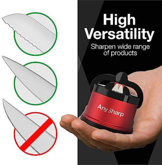Anysharp Pro Метална Острилка за Ножове Безопасна с Вакуумно Закрепване Заточва Всички Кухненски Ножове Идеална за Закалена Стомана и Назъбени Остриета Най-добрата в Света Компактна Един Размер Дълбоко Червен Метал