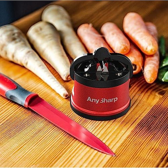Anysharp Pro Метална Острилка за Ножове Безопасна с Вакуумно Закрепване Заточва Всички Кухненски Ножове Идеална за Закалена Стомана и Назъбени Остриета Най-добрата в Света Компактна Един Размер Дълбоко Червен Метал