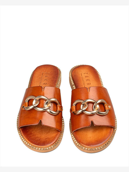 Leather Women's Flat Sandals in Tabac Brown Color