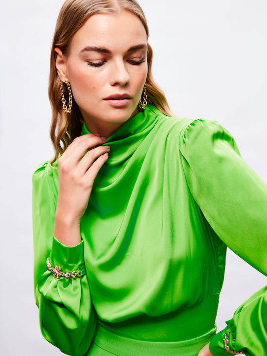 Damen Bluse Satin mit Reißverschluss Grün