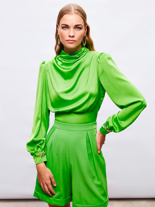 Damen Bluse Satin mit Reißverschluss Grün