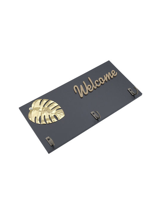 Uncle George Wall Key Holder Wooden Wooden Black Key Holder with Gold Letters "Welcome" and 3 Metal Hooks and Modern Leaf Design 3 positions 20x1x10cm
