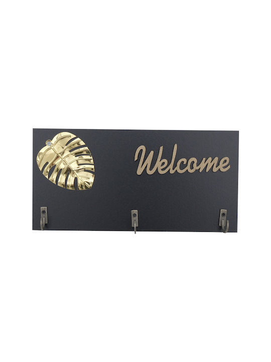 Uncle George Wall Key Holder Wooden Wooden Black Key Holder with Gold Letters "Welcome" and 3 Metal Hooks and Modern Leaf Design 3 positions 20x1x10cm