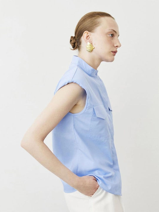 Sleeveless Women's Cotton Shirt Light Blue