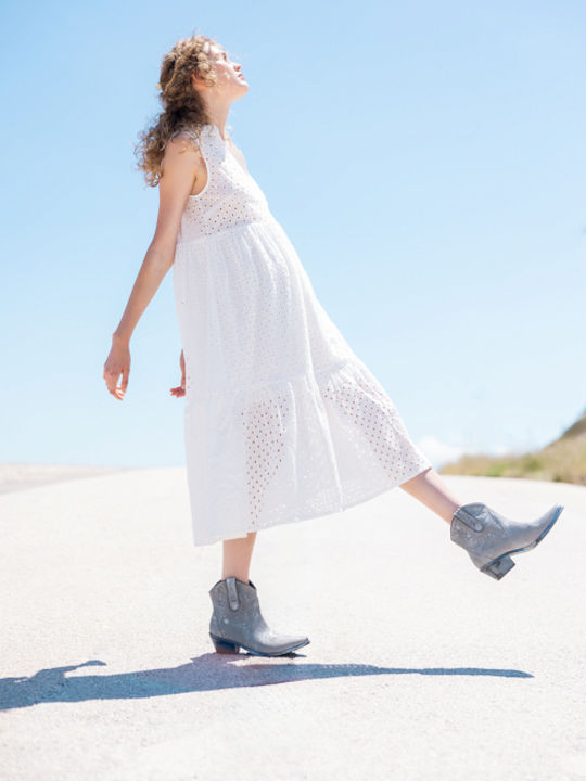 Sleeveless Dress with Embroidered Cutouts White