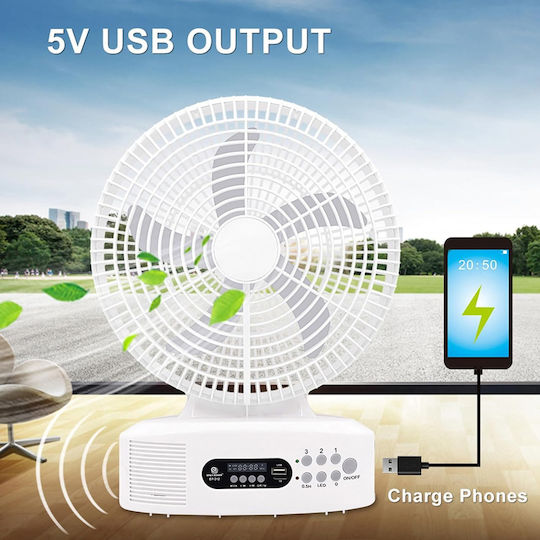 Ventilator de masă solar portabil 30cm 3 viteze Power Bank Bluetooth Speaker Radio LED Light Andowl Q-132 Alb