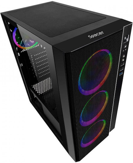 Spacer Rainbow Gaming Midi Tower Κουτί Υπολογιστή με Πλαϊνό Παράθυρο και RGB Φωτισμό Μαύρο