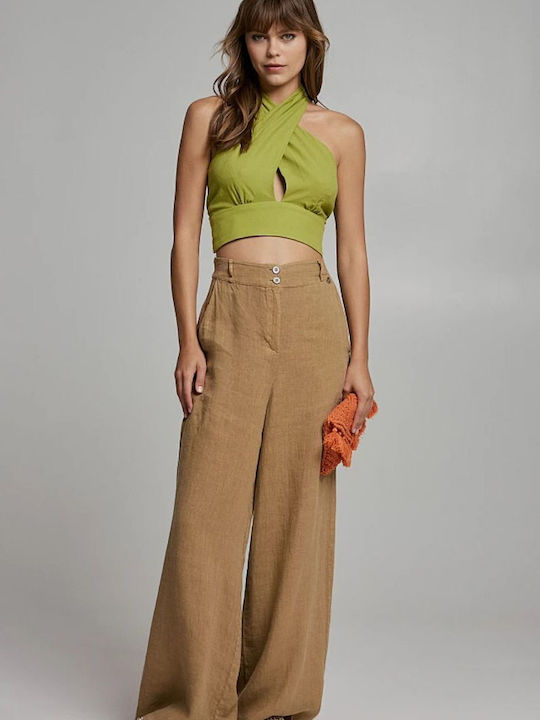 BSB Damen Crop Top Baumwolle Ärmellos mit Halsband Grün