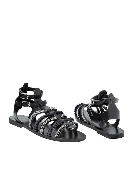 Leder Flache Sandalen für Damen Gladiator in Schwarz Farbe
