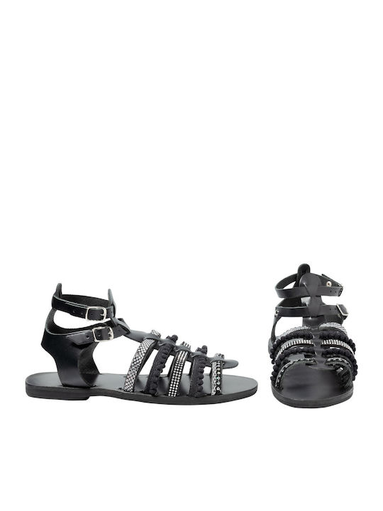 Leder Flache Sandalen für Damen Gladiator in Schwarz Farbe