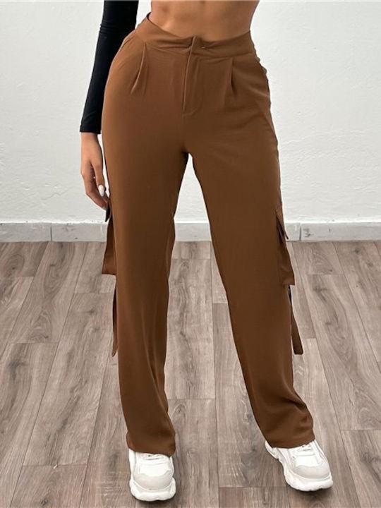 Chica Damen Hoch tailliert Stoff Cargo Hose coffee