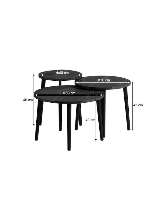 Round Central Coffee Table Roma Wooden Black Marble Effect 3 Pieces W60xL60xH46cm