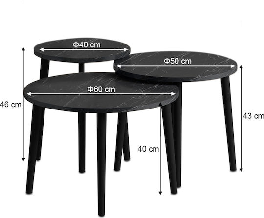 Rundes Zentrales Kaffeetisch Roma Holz Schwarz Effekt Marmor 3 Stück M60xB60xH46cm