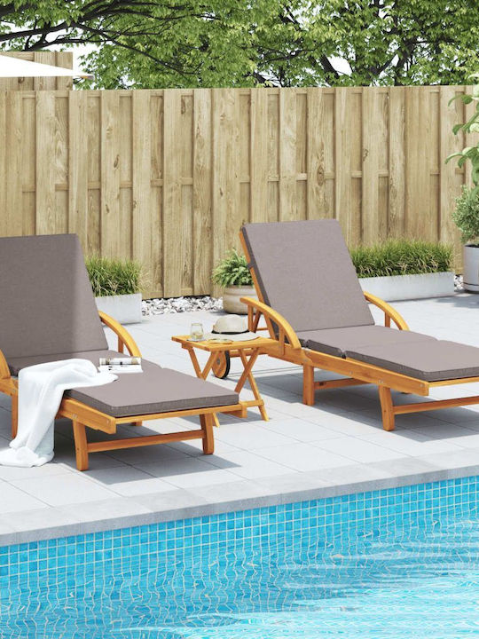 Deckchair Wooden with Cushion & Wheels Brown with Table 2pcs 200x68cm.