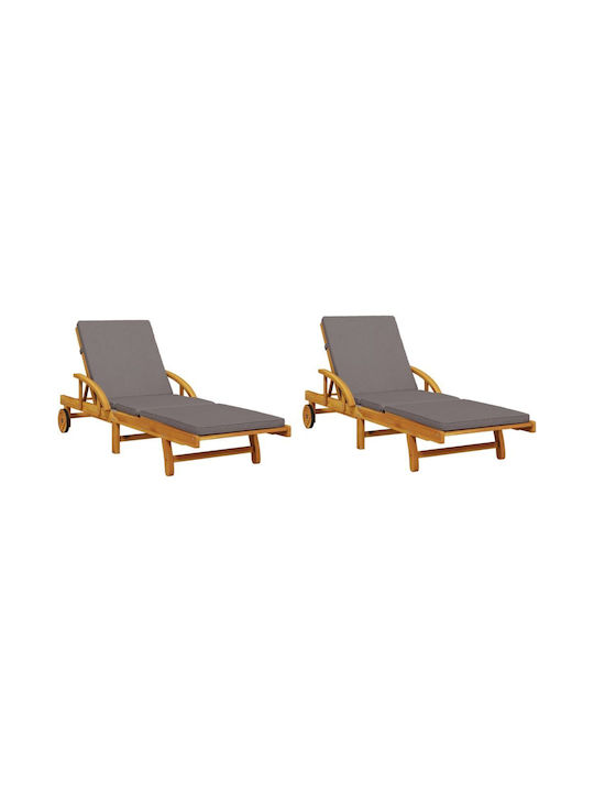 Deckchair Wooden with Cushion & Wheels Brown with Table 2pcs 200x68cm.