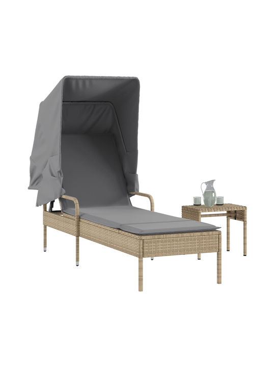 Deckchair Rattan with Cushion & Sunshade Beige with Table 200x55cm.