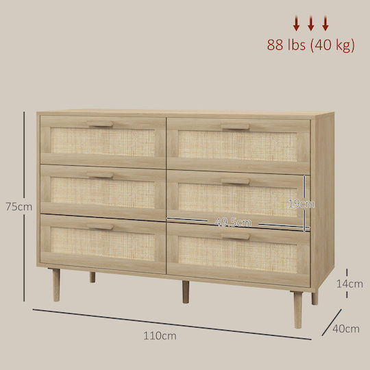 Συρταριέρα Κρεβατοκάμαρας mit 6 Schubladen Cane 110x40x75cm
