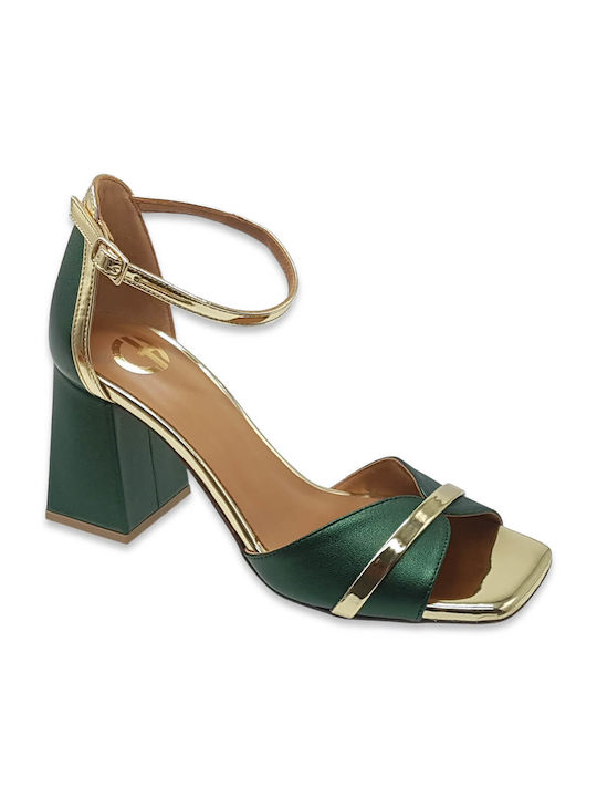 Chaniotakis Leather Women's Sandals Green with Medium Heel