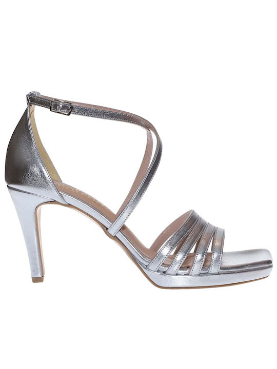 Malena Leather Women's Sandals Silver with Thin High Heel