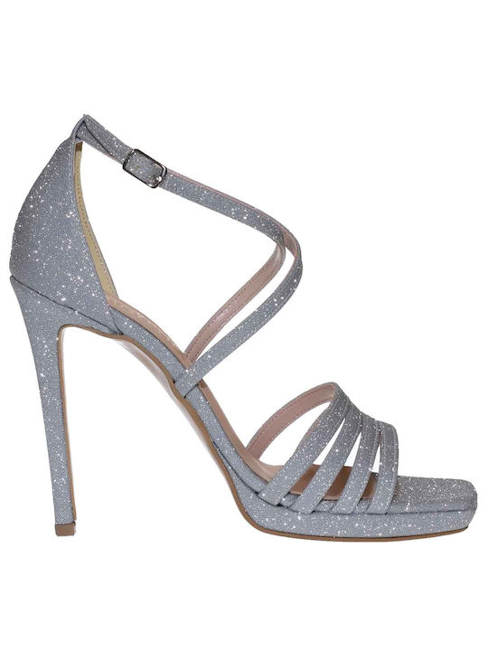 Malena Leather Women's Sandals Silver with Thin High Heel