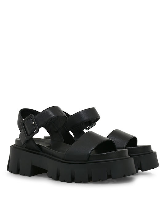 Tsakiris Mallas Leather Women's Flat Sandals in Black Color