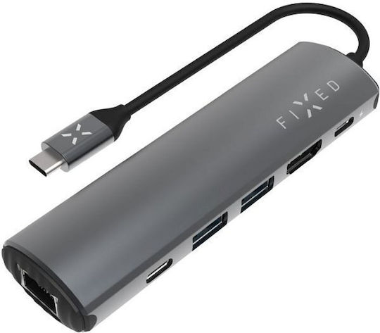 Fixed Hub Pro 6in1 USB-C Докинг станция с HDMI 4K PD Етърнет Сив