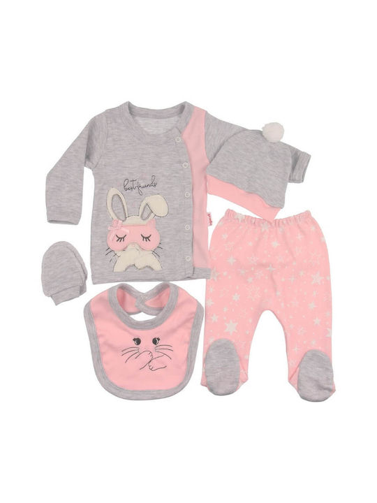 Agucuk Baby Bodysuit Set Long-Sleeved with Pants Grey-Pink 5pcs