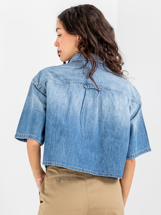 Cămașă De Damă Din Denim Cu Mâneca Scurtă Albastră
