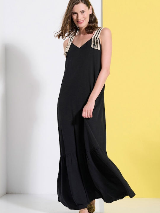 Matis Fashion Maxi Φόρεμα με Βολάν Μαύρο