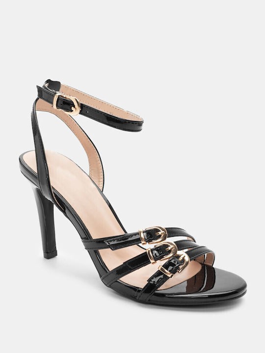 Luigi Patent Leather Women's Sandals with Ankle Strap Black with High Heel