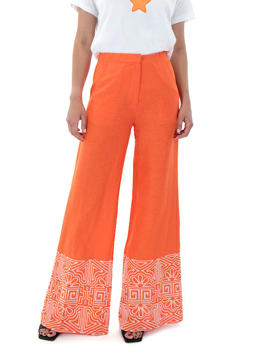 C. Manolo Women's High Waist Linen Trousers in Wide Line White- Orange