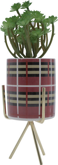 Künstliche Pflanze Moderner Keramik-Mehrfarben-Topf mit Karomuster Metallischer Goldbasis 8x8x25cm Rot