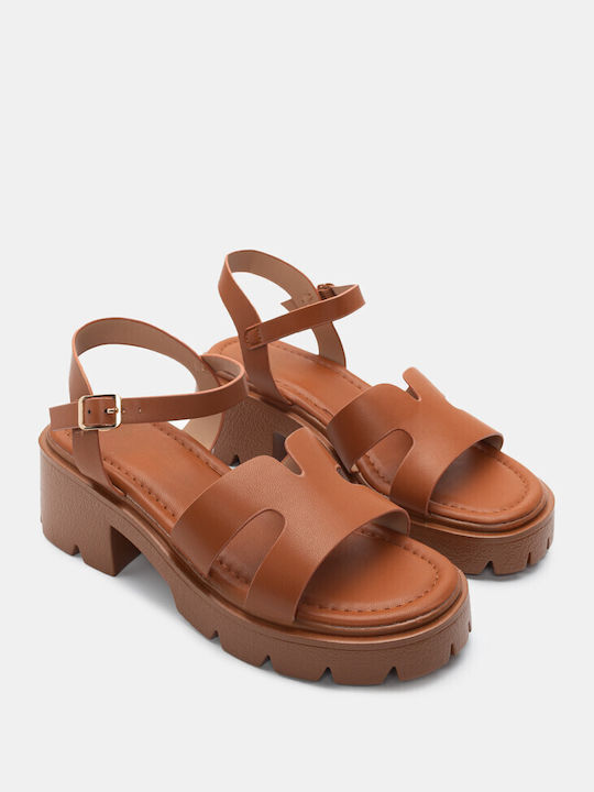 Luigi Synthetic Leather Women's Sandals with Ankle Strap Brown with Medium Heel