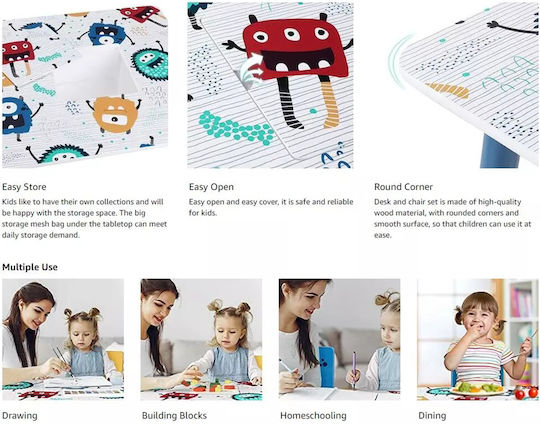 Children's Wooden Table 2 Chairs Set Learning Playing Drawing Feeding Ghosts