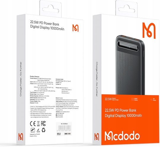 Mcdodo MC-3881 Power Bank 10000mAh 22.5W με 2 Θύρες USB-A και Θύρα USB-C Μαύρο