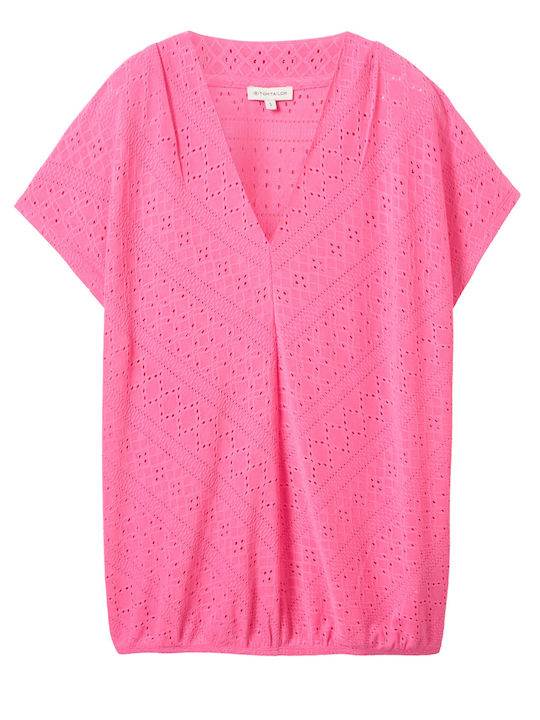 Women's Blouse Short Sleeve with V Neckline Carmine Pink