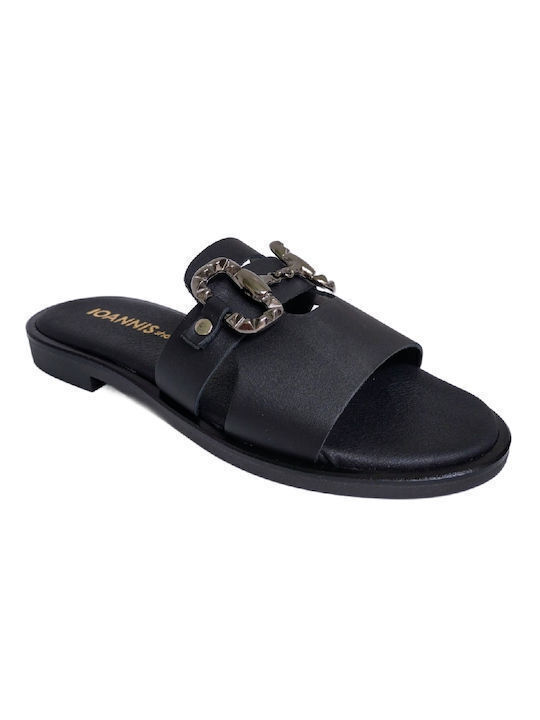 Ioannis Leather Women's Flat Sandals in Black Color