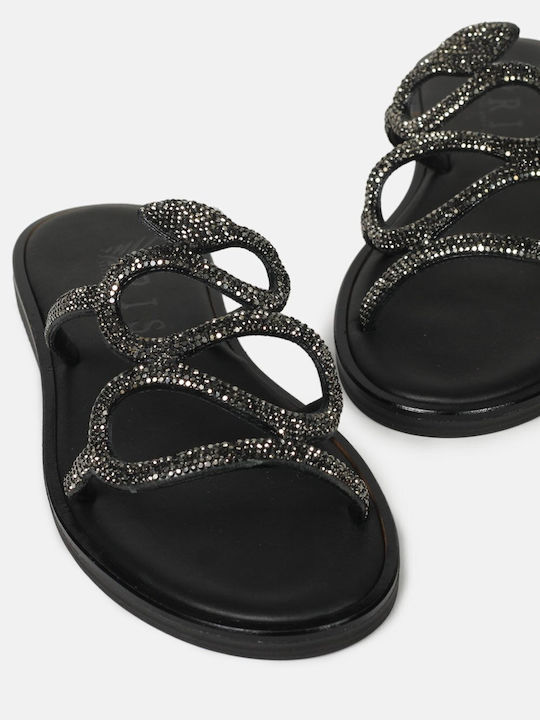 IRIS Leather Women's Flat Sandals in Black Color