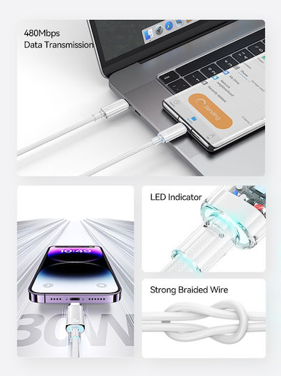 Usams Us-sj659 LED / Geflochten USB-C zu Lightning Kabel 30W Weiß 1.2m (SJ659USB02)