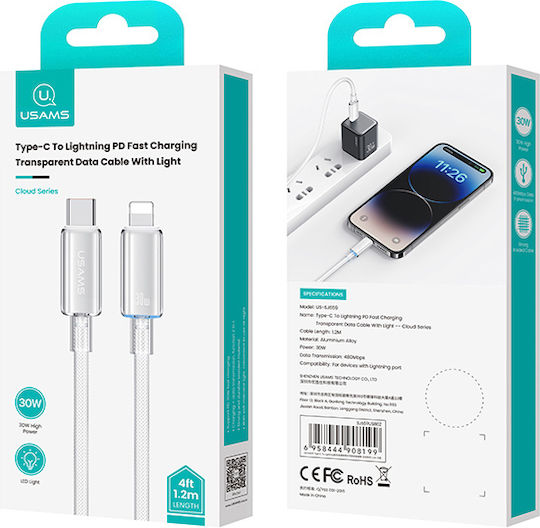 Usams Us-sj659 LED / Geflochten USB-C zu Lightning Kabel 30W Weiß 1.2m (SJ659USB02)