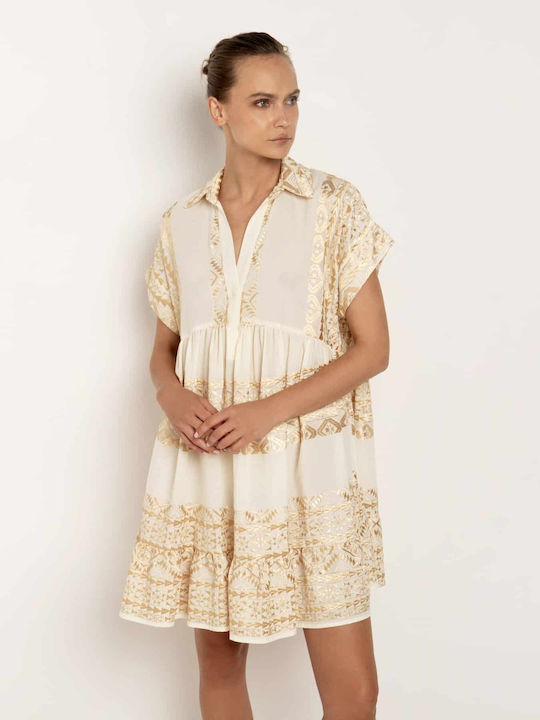 Greek Archaic Kori Summer Mini Dress with Ruffle White/Gold