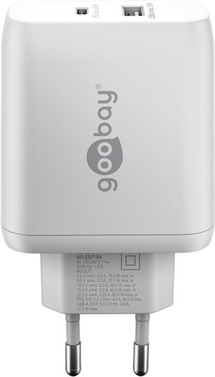 Goobay Φορτιστής Χωρίς Καλώδιο με Θύρα USB-A και Θύρα USB-C 65W Power Delivery Λευκός (65410)
