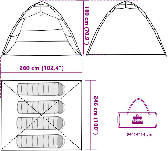 vidaXL Sommer Campingzelt Grüne Für 4 Personen 260x246x180cm