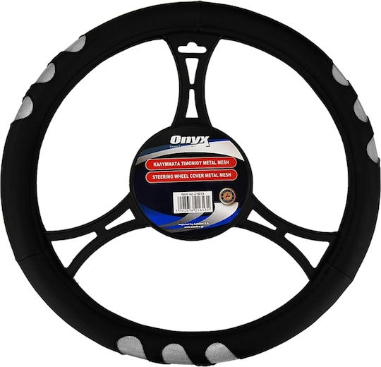 Autoline Car Steering Wheel Cover 21613 Onyx Metal Mesh B with Diameter 38cm made of Leatherette Silver with Black Stitching