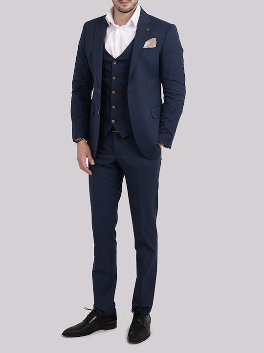 Massimo Dutti Men's Suit with Vest Slim Fit Navy Blue