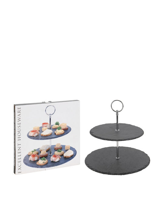 JK Home Decoration Πέτρινη Εταζέρα 2 Ορόφων Μαύρη Ø20xY23cm