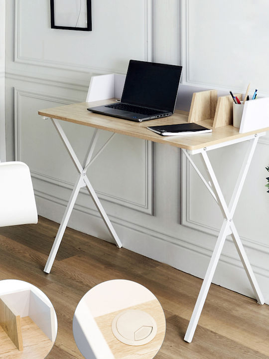 Computer Office Zervan Wooden Natural-White with Metal Legs 90x50x85cm