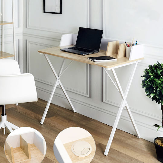 Computer Office Zervan Wooden Natural-White with Metal Legs 90x50x85cm