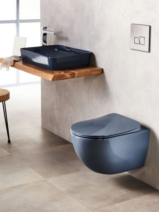 Creavit "free Wall-Mounted Toilet Rimless with Flush with Slim Cover Duroplast Soft Close Blue