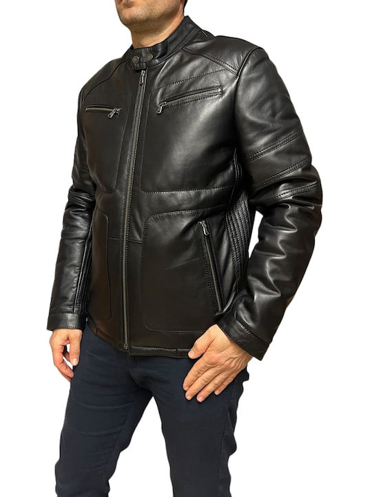 MARKOS LEATHER Ανδρικό Δερμάτινο Μπουφάν Biker Μαυρο